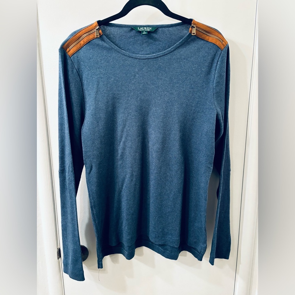 Ralph Lauren Montana Blue Long Sleeve Top, w/ Faux Leather Zipper Accents, XL